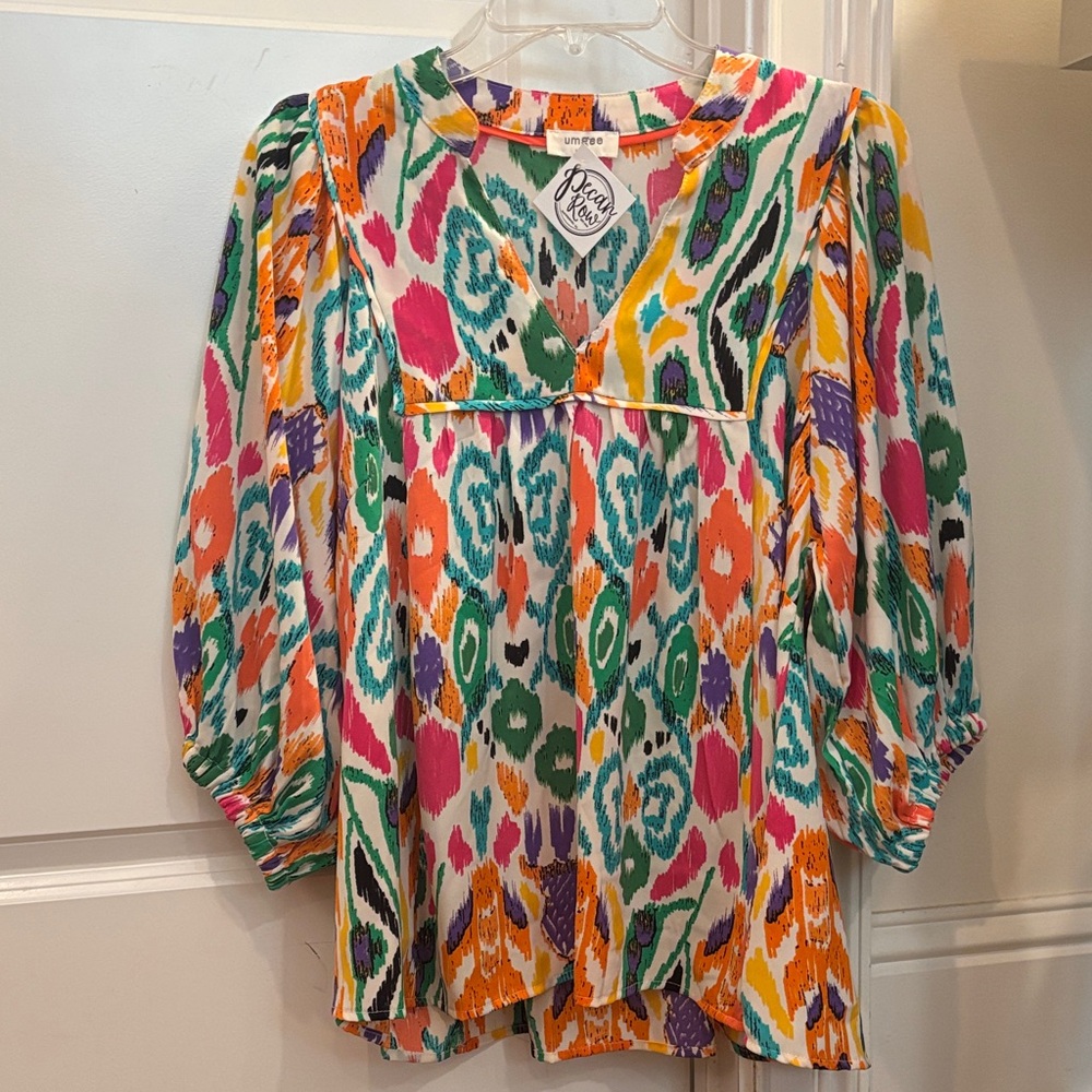 Umgee Multicolor Brushstroke Top with Orange Trim